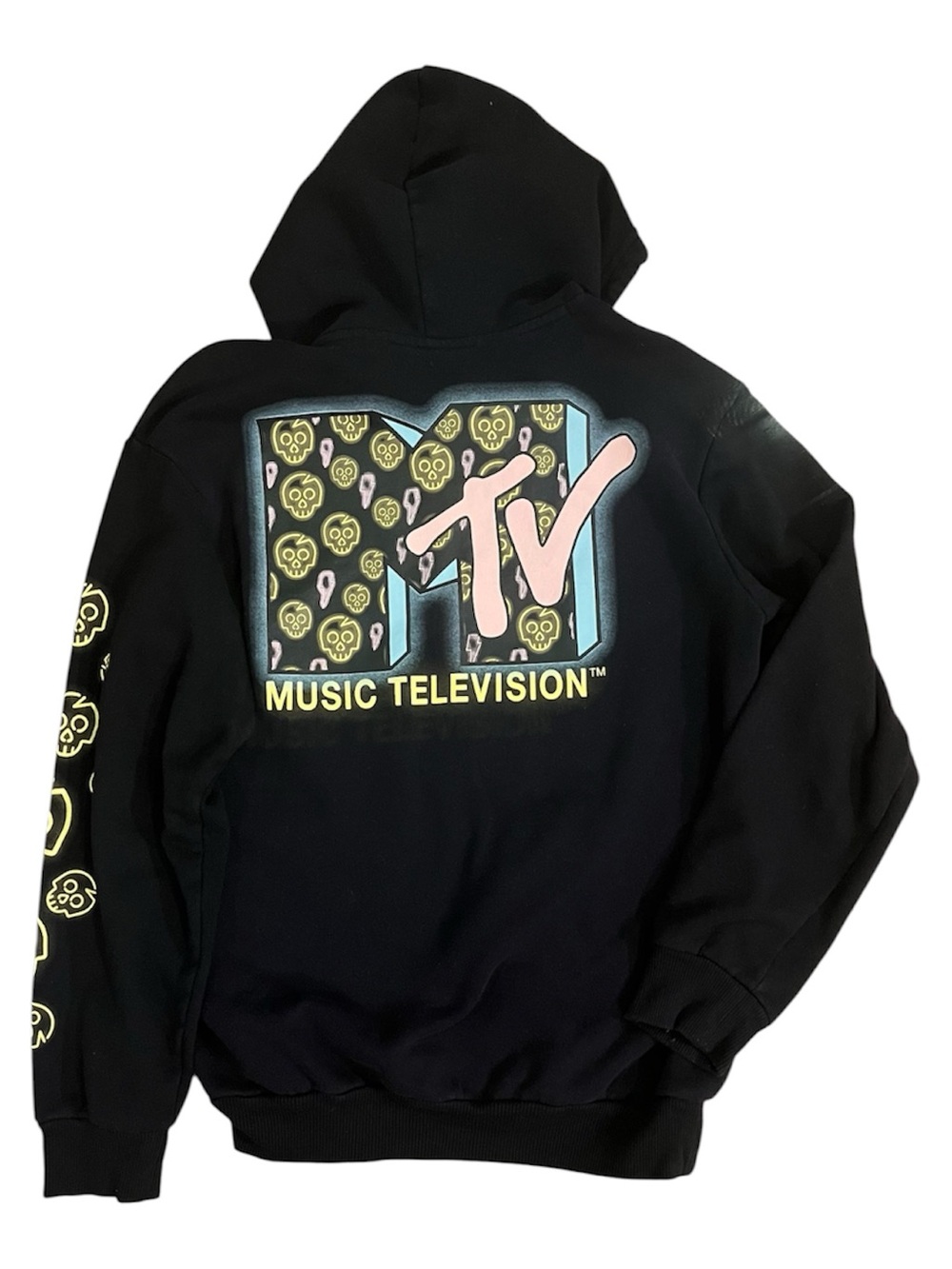 MTV Black Hoodie with Pastel Pink & Yellow Logo with skulls size M